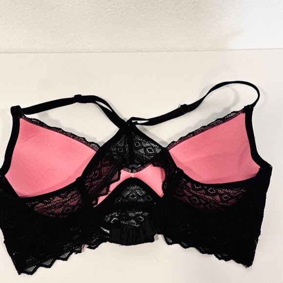 Victorias Secret PINK Racerback Underwire Bra Black Lace Lightly Padded Size Med - Picture 2 of 8